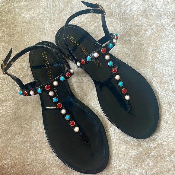 Brand New Stuart Weitzman Gemstone Beaded Thong Jelly Sandals Slingback Black - Picture 3 of 15